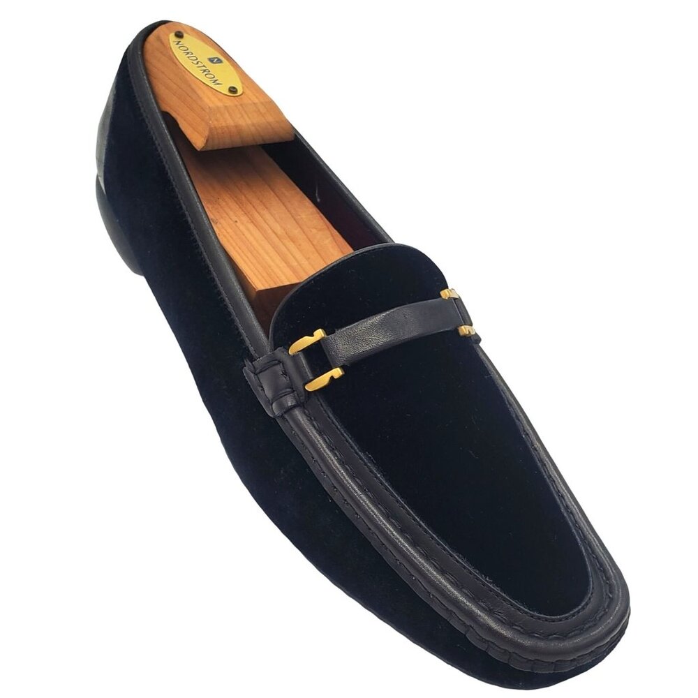 Salvatore Ferragamo Black Velvet & Leather Bit Loafer with Gold Hardware